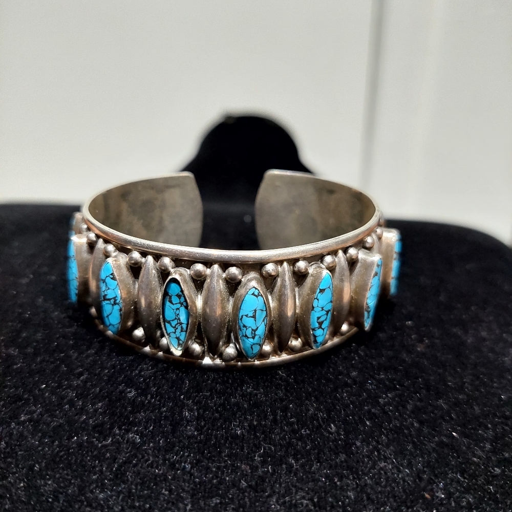 Vintage Mexico 925 Turquoise Cuff Bracelet - Picture 7 of 9